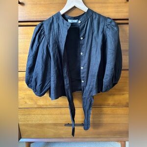 Lanthropy Women’s Black Bubble Linen Tie Waist Crop Top Shirt